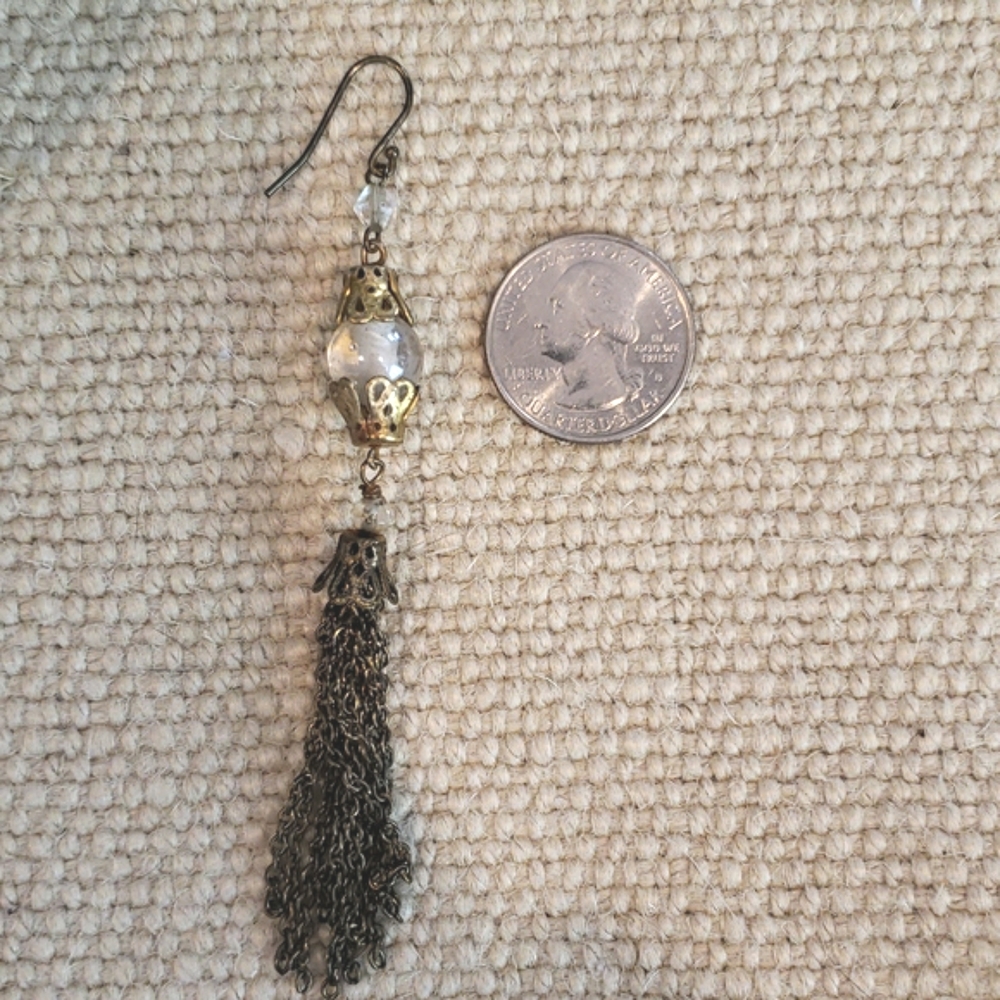 Vintage Gold Brass Chain Tassel Earrings • Marble Bead • Boho Statement Dangles - Picture 7 of 7